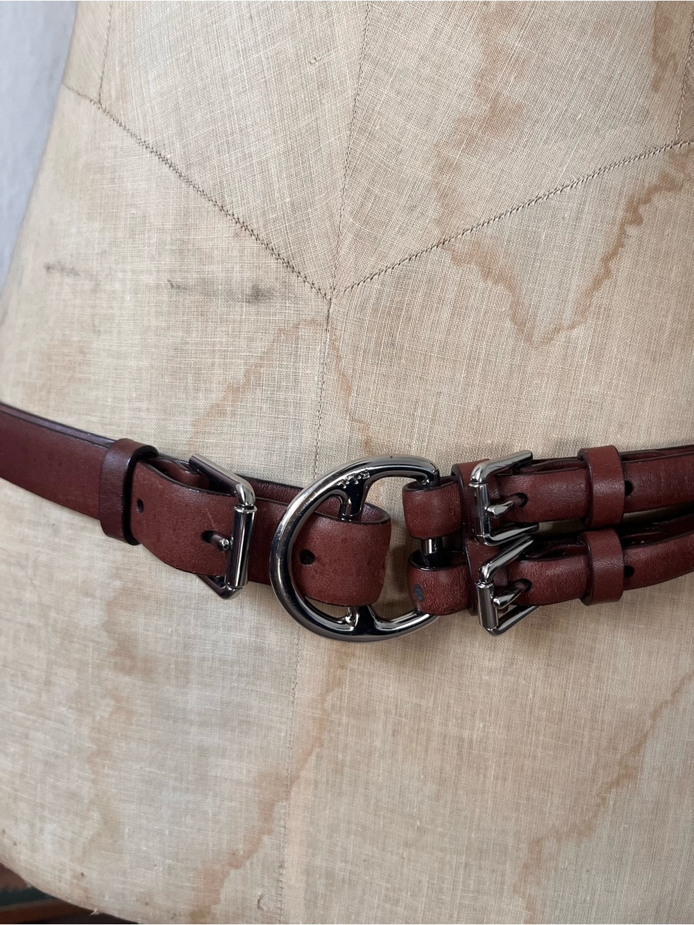 Lauren Ralph Lauren Brown Tri-Strap Leather Waist Belt with Silver Buckles